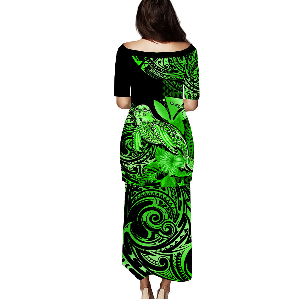 Matching Outfit For Couples Hawaii Monk Seal Puletasi Dress and Hawaiian Shirt Polynesian Kakau With Kanaka Green - Wonder Print Shop