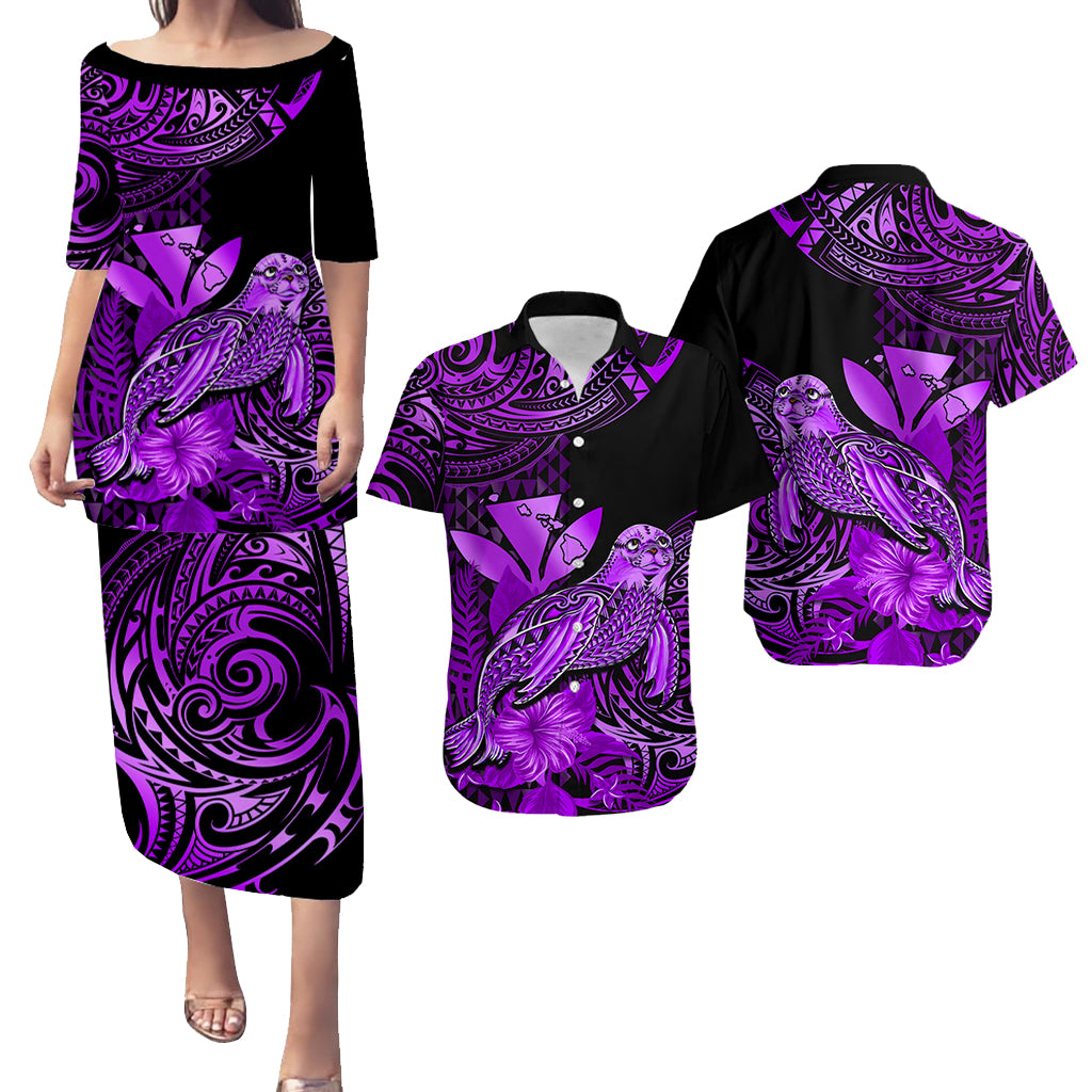 Matching Outfit For Couples Hawaii Monk Seal Puletasi Dress and Hawaiian Shirt Polynesian Kakau With Kanaka Purple - Wonder Print Shop