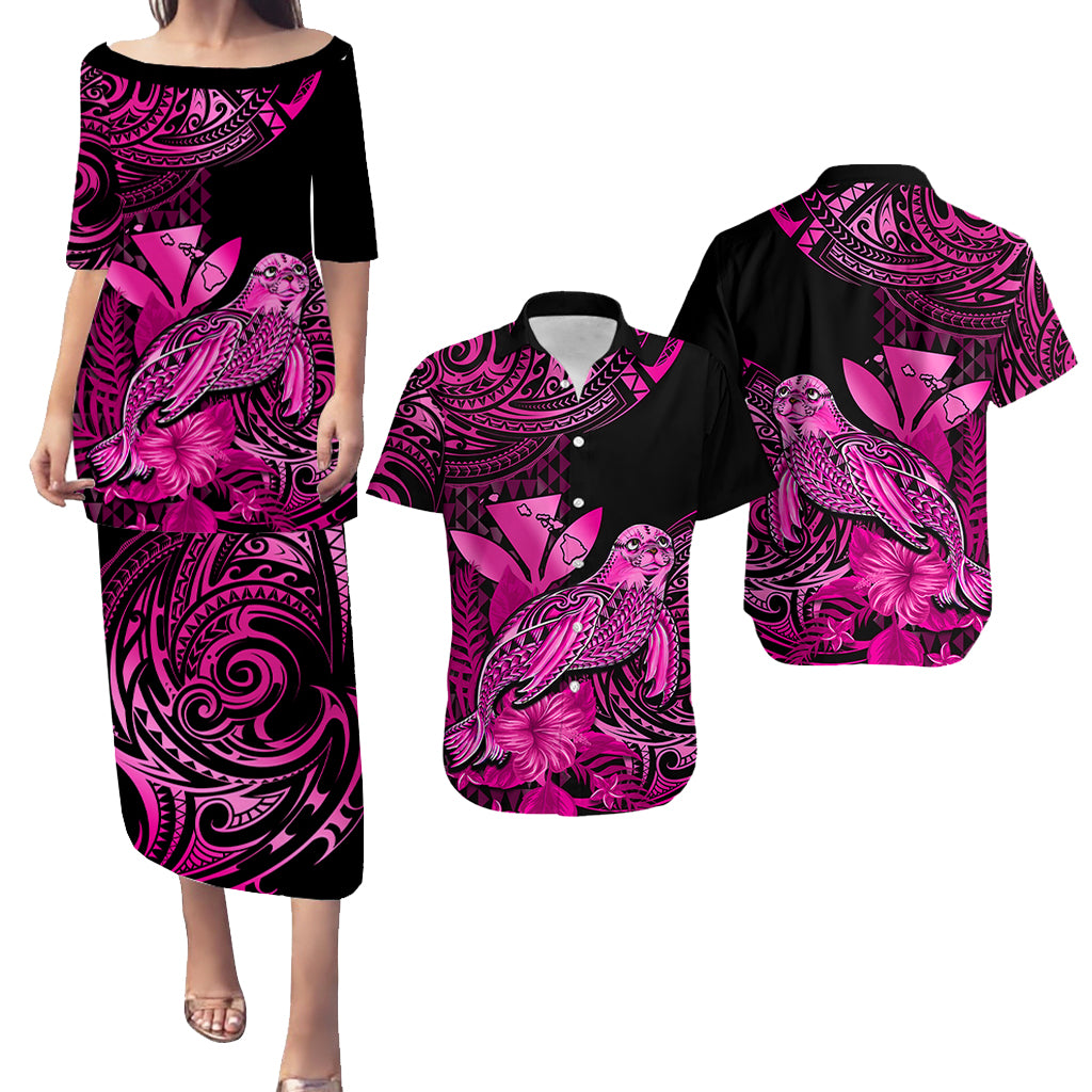 Matching Outfit For Couples Hawaii Monk Seal Puletasi Dress and Hawaiian Shirt Polynesian Kakau With Kanaka Pink - Wonder Print Shop
