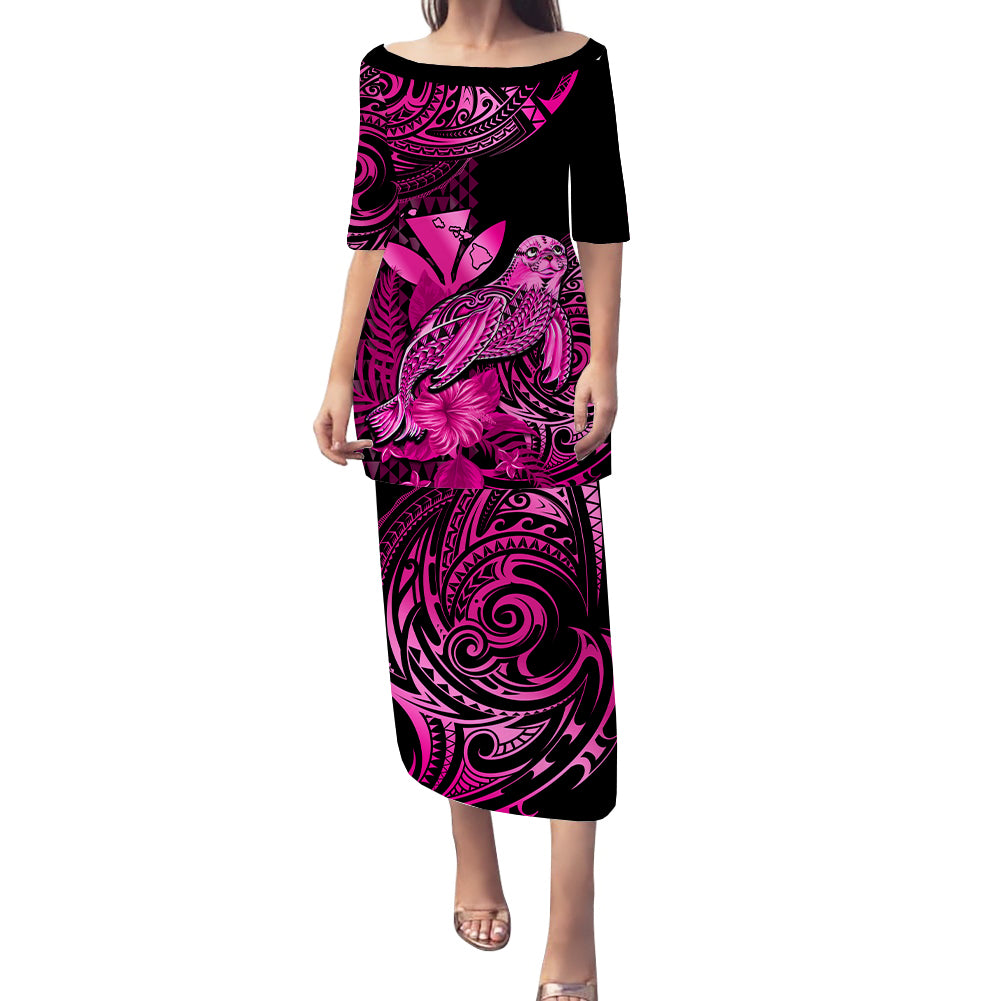 Matching Outfit For Couples Hawaii Monk Seal Puletasi Dress and Hawaiian Shirt Polynesian Kakau With Kanaka Pink - Wonder Print Shop