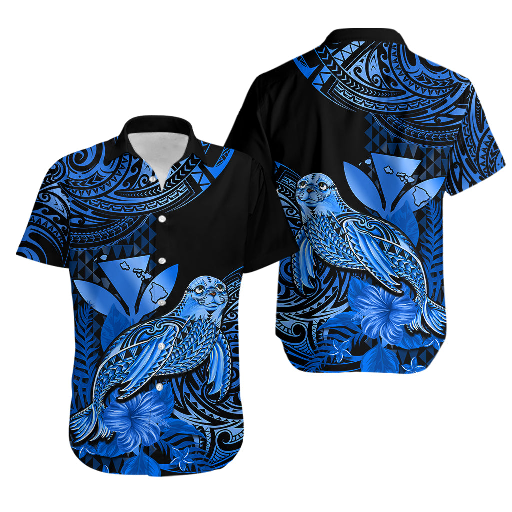 Matching Outfit For Couples Hawaii Monk Seal Puletasi Dress and Hawaiian Shirt Polynesian Kakau With Kanaka Blue - Wonder Print Shop