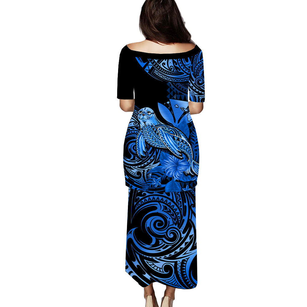 Matching Outfit For Couples Hawaii Monk Seal Puletasi Dress and Hawaiian Shirt Polynesian Kakau With Kanaka Blue - Wonder Print Shop