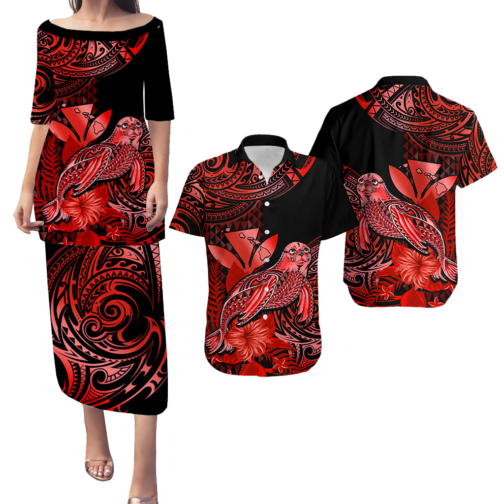 Matching Outfit For Couples Hawaii Monk Seal Puletasi Dress and Hawaiian Shirt Polynesian Kakau With Kanaka Red - Wonder Print Shop
