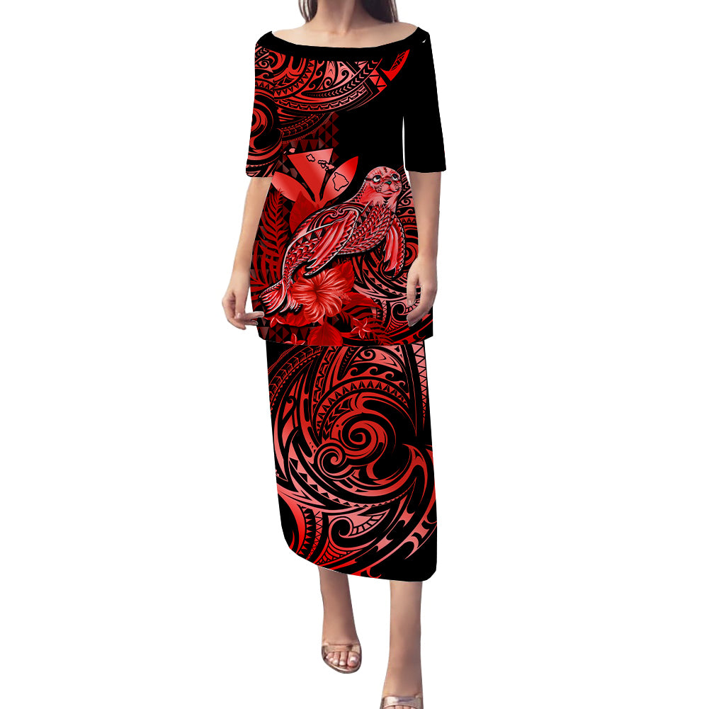 Matching Outfit For Couples Hawaii Monk Seal Puletasi Dress and Hawaiian Shirt Polynesian Kakau With Kanaka Red - Wonder Print Shop