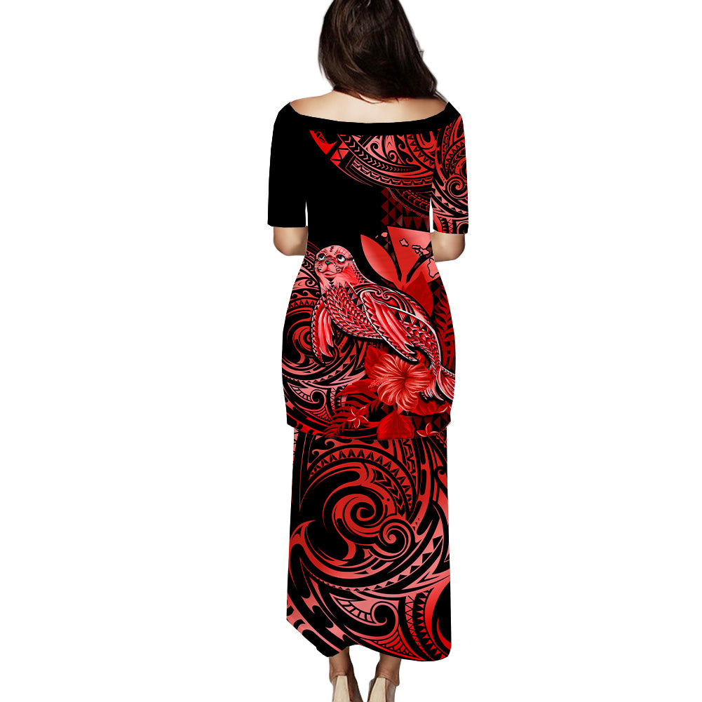 Matching Outfit For Couples Hawaii Monk Seal Puletasi Dress and Hawaiian Shirt Polynesian Kakau With Kanaka Red - Wonder Print Shop
