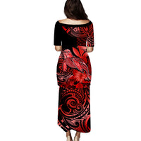 Matching Outfit For Couples Hawaii Monk Seal Puletasi Dress and Hawaiian Shirt Polynesian Kakau With Kanaka Red - Wonder Print Shop