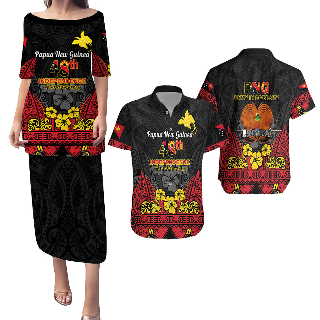 Matching Outfit For Couples Papua New Guinea Independence Day Puletasi Dress and Hawaiian Shirt PNG Bird of Paradise Happy 48th Anniversary - Wonder Print Shop