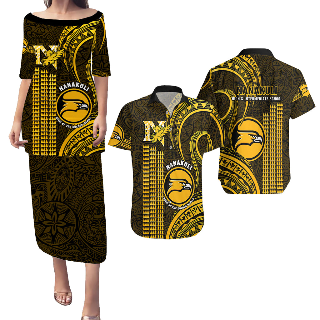 Matching Outfit For Couples Hawaii Nanakuli High And Intermediate School Puletasi Dress and Hawaiian Shirt Polynesian Kakau Pattern - Wonder Print Shop