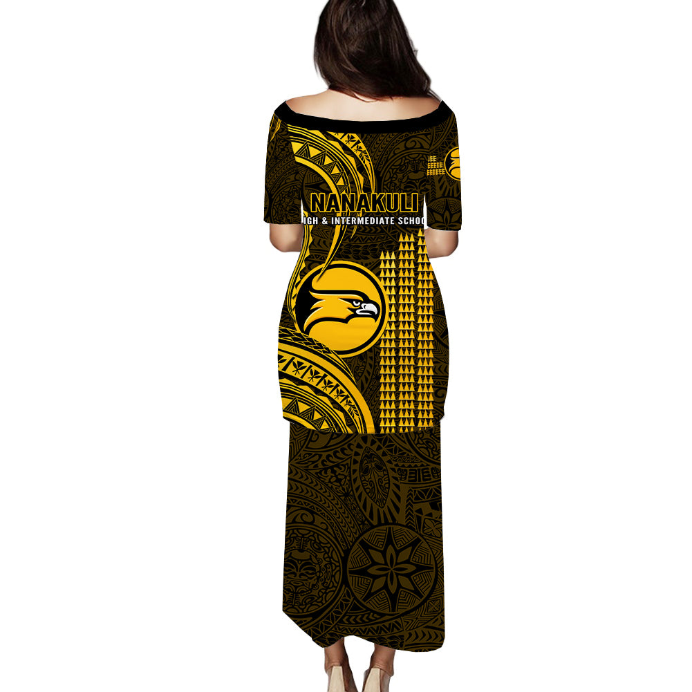 Matching Outfit For Couples Hawaii Nanakuli High And Intermediate School Puletasi Dress and Hawaiian Shirt Polynesian Kakau Pattern - Wonder Print Shop