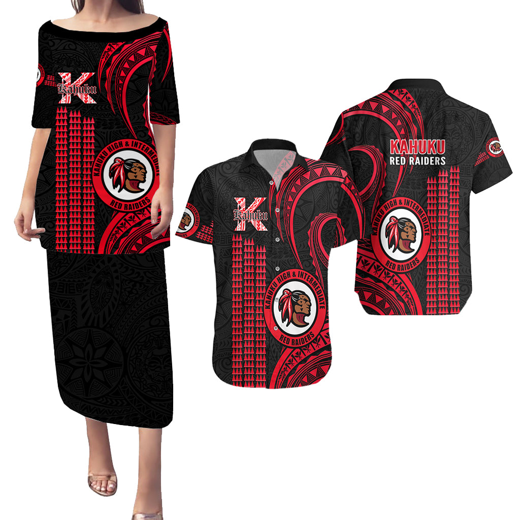 Matching Outfit For Couples Hawaii Kahuku High And Intermediate School Puletasi Dress and Hawaiian Shirt Polynesian Kakau Pattern - Wonder Print Shop