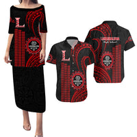 Matching Outfit For Couples Hawaii Lahainaluna High School Puletasi Dress and Hawaiian Shirt Polynesian Kakau Pattern - Wonder Print Shop