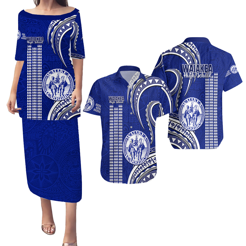 Matching Outfit For Couples Hawaii Waiakea High School Puletasi Dress and Hawaiian Shirt Polynesian Kakau Pattern - Wonder Print Shop