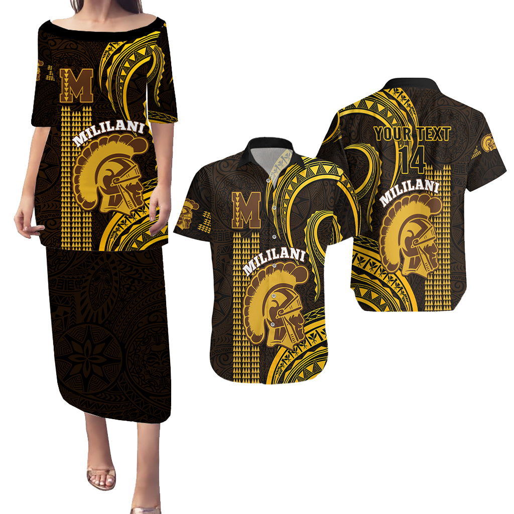 Personalised Matching Outfit For Couples Hawaii Mililani High School Puletasi Dress and Hawaiian Shirt Polynesian Kakau Pattern - Wonder Print Shop