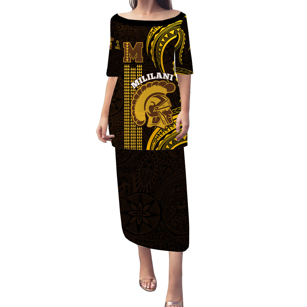 Personalised Matching Outfit For Couples Hawaii Mililani High School Puletasi Dress and Hawaiian Shirt Polynesian Kakau Pattern - Wonder Print Shop