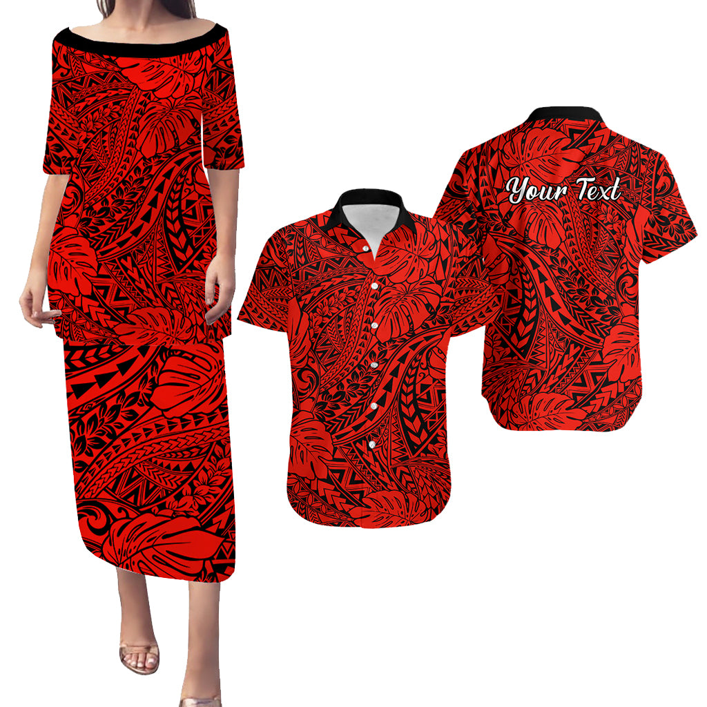 Personalised Hawaii Matching Couple Outfits For Vacation Puletasi Dress and Hawaiian Shirt Red Polynesian Tribal Art - Wonder Print Shop