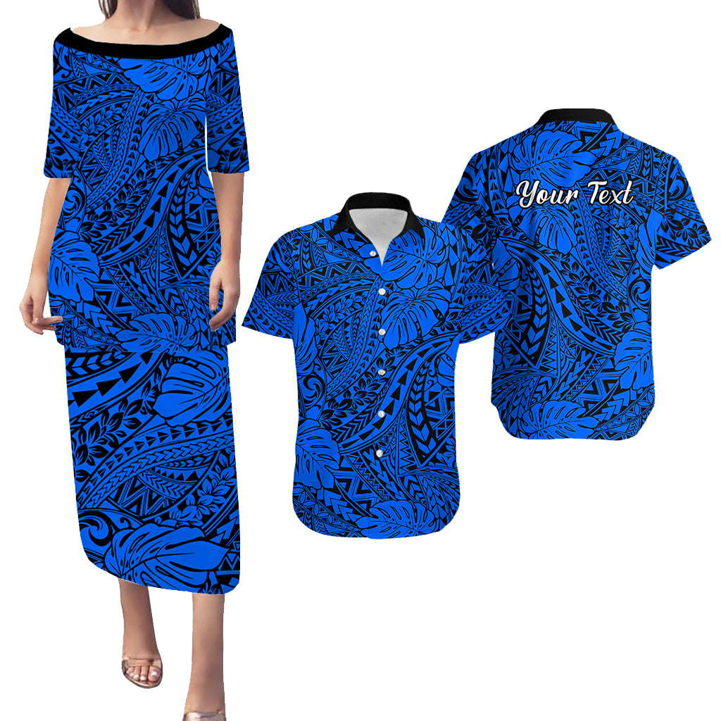 Personalised Hawaii Matching Couple Outfits For Vacation Puletasi Dress and Hawaiian Shirt Blue Polynesian Tribal Art - Wonder Print Shop