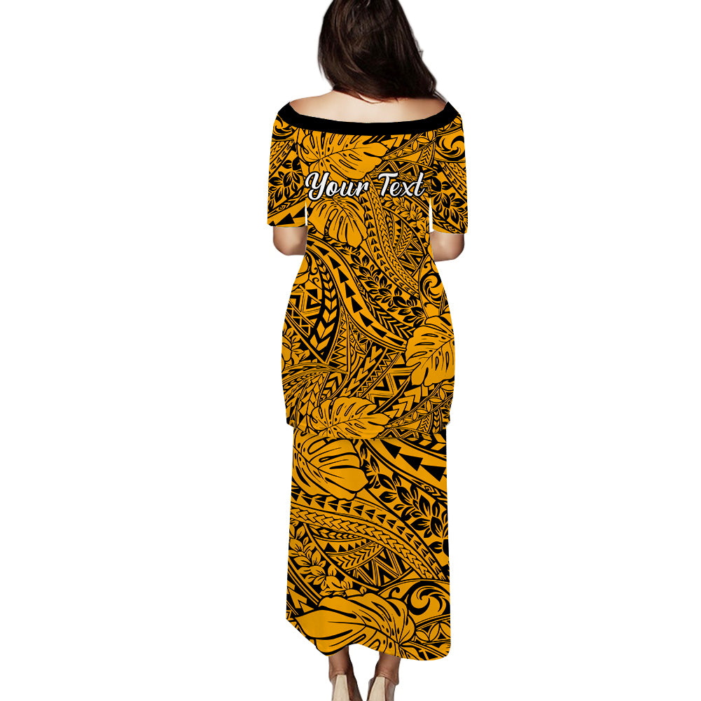 Personalised Hawaii Matching Couple Outfits For Vacation Puletasi Dress and Hawaiian Shirt Gold Polynesian Tribal Art - Wonder Print Shop