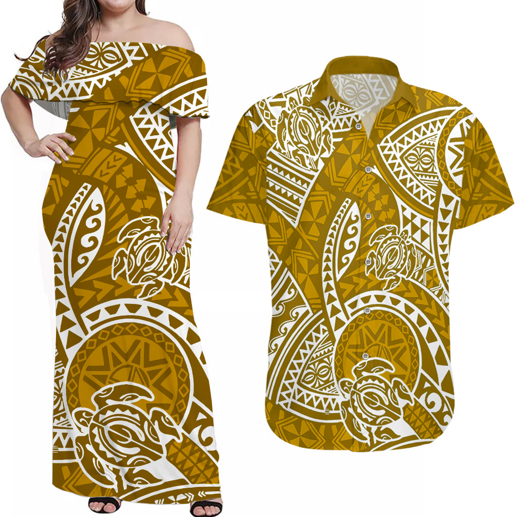 Couples Matching Hawaiian Outfits Couples Long Dress and Hawaiian Shirt Hawaiian Tribal Honu Gold Version - Wonder Print Shop