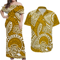 Couples Matching Hawaiian Outfits Couples Long Dress and Hawaiian Shirt Hawaiian Tribal Honu Gold Version - Wonder Print Shop