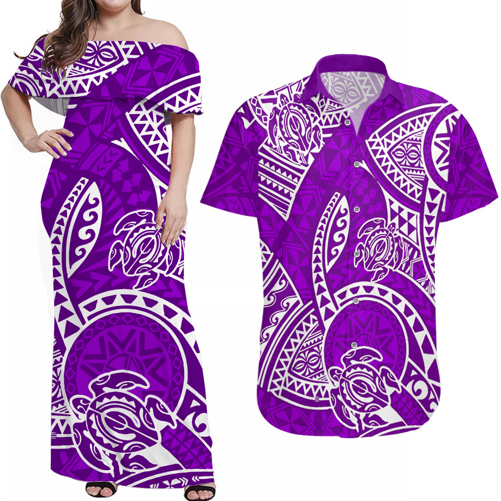 Couples Matching Hawaiian Outfits Couples Long Dress and Hawaiian Shirt Hawaiian Tribal Honu Purple Version - Wonder Print Shop