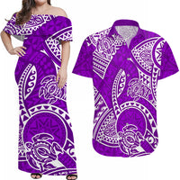 Couples Matching Hawaiian Outfits Couples Long Dress and Hawaiian Shirt Hawaiian Tribal Honu Purple Version - Wonder Print Shop