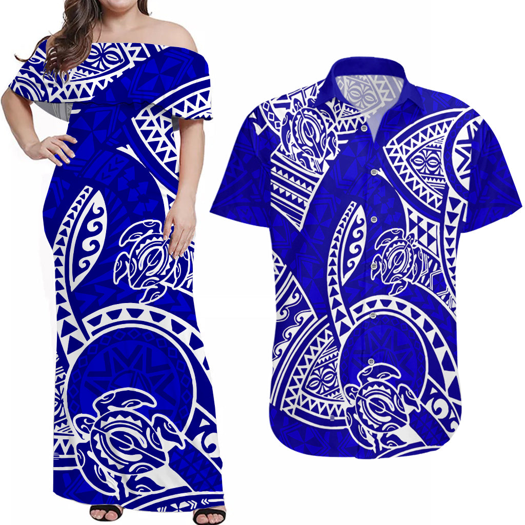 Couples Matching Hawaiian Outfits Couples Long Dress and Hawaiian Shirt Hawaiian Tribal Honu Blue Version - Wonder Print Shop