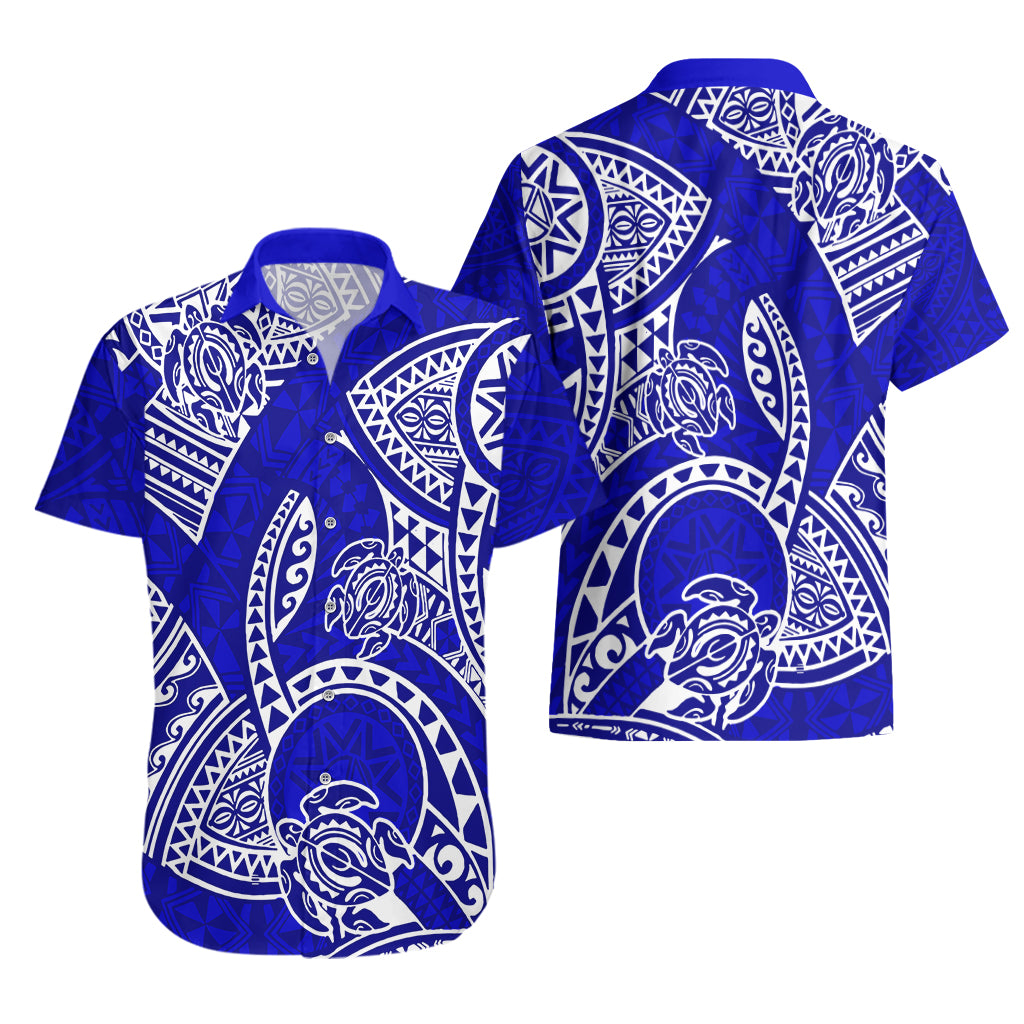 Couples Matching Hawaiian Outfits Couples Long Dress and Hawaiian Shirt Hawaiian Tribal Honu Blue Version - Wonder Print Shop