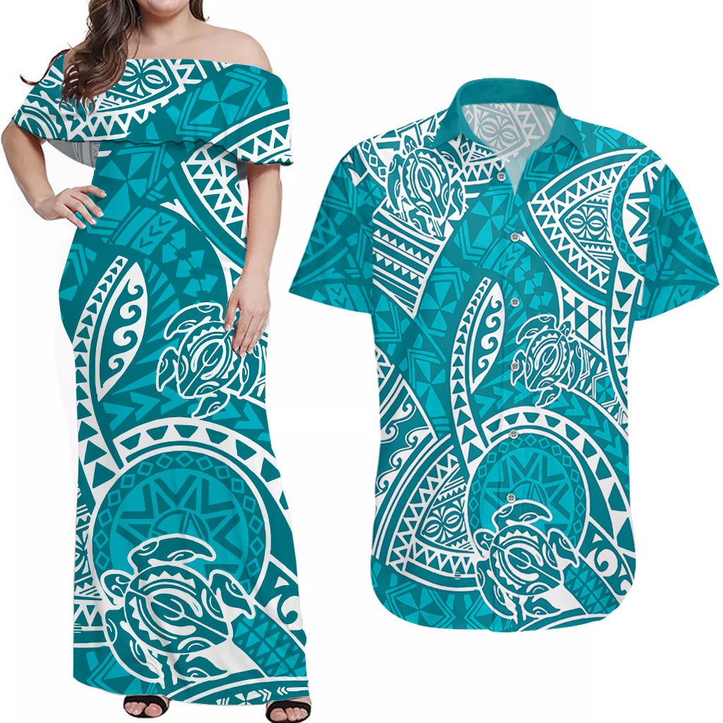 Couples Matching Hawaiian Outfits Couples Long Dress and Hawaiian Shirt Hawaiian Tribal Honu Turquoise Version - Wonder Print Shop