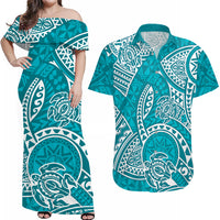 Couples Matching Hawaiian Outfits Couples Long Dress and Hawaiian Shirt Hawaiian Tribal Honu Turquoise Version - Wonder Print Shop
