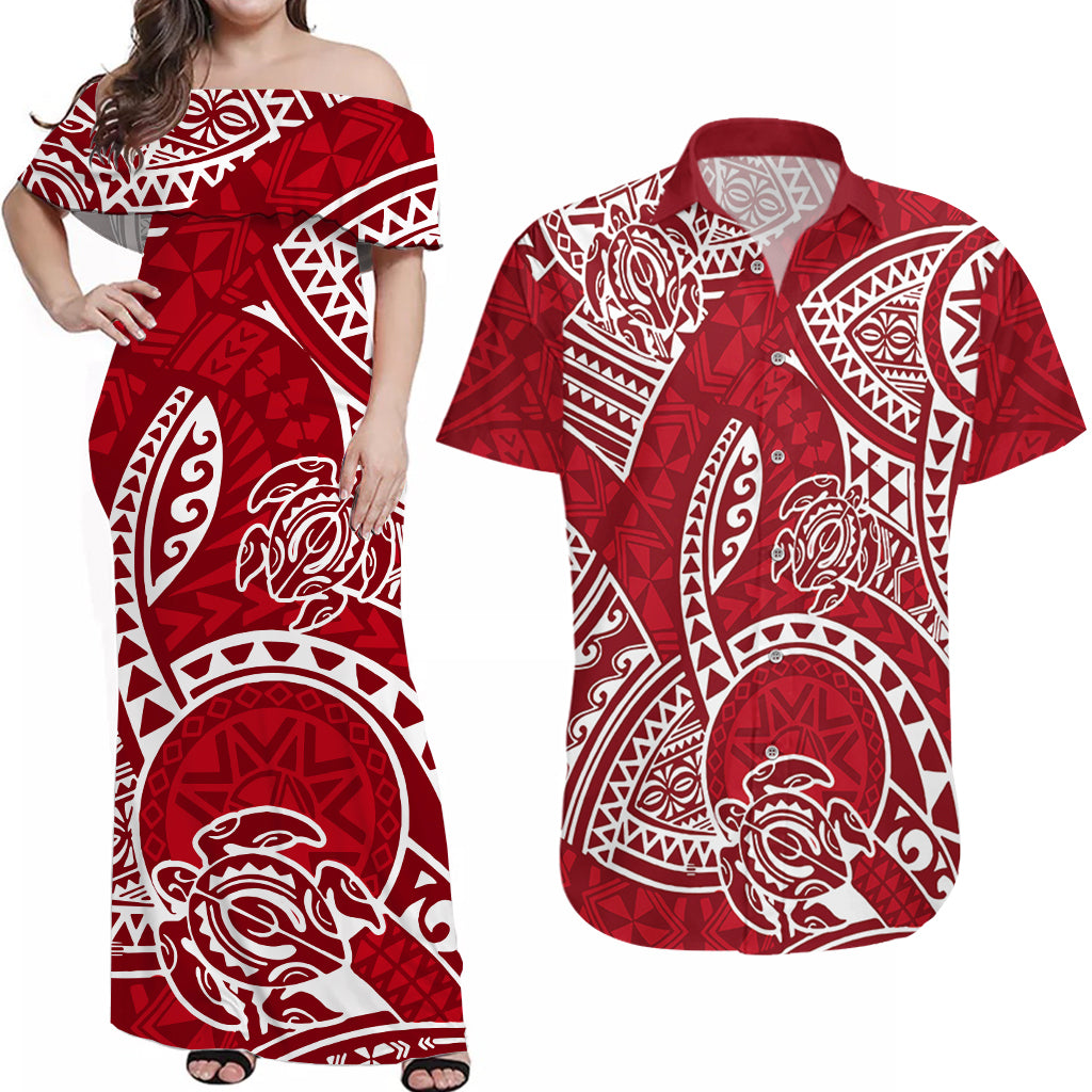 Couples Matching Hawaiian Outfits Couples Long Dress and Hawaiian Shirt Hawaiian Tribal Honu Red Version - Wonder Print Shop
