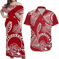 Couples Matching Hawaiian Outfits Couples Long Dress and Hawaiian Shirt Hawaiian Tribal Honu Red Version - Wonder Print Shop