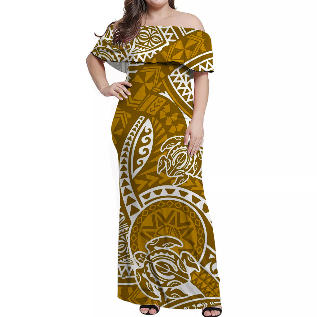 Women off-shoulder maxi dress, gold with white tribal honu print