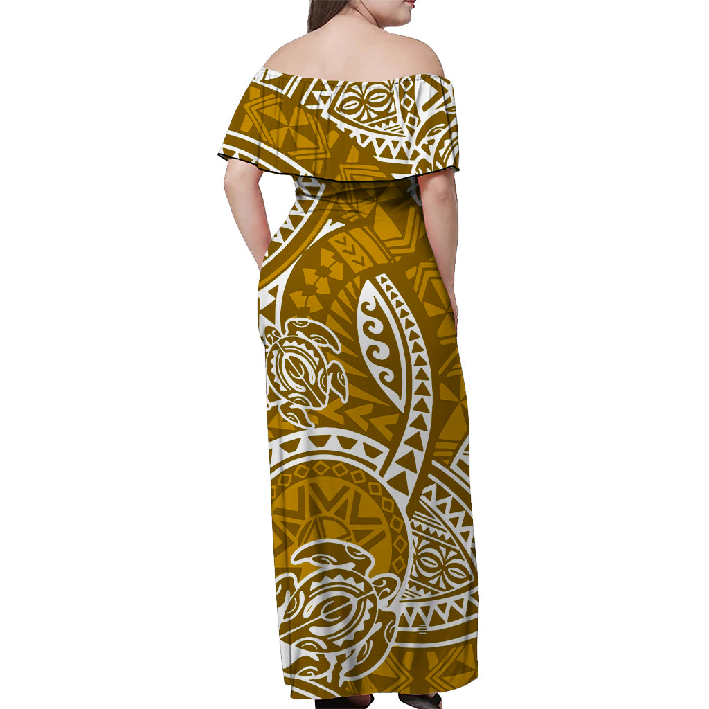 Women off-shoulder maxi dress, gold with white tribal pattern (back view)