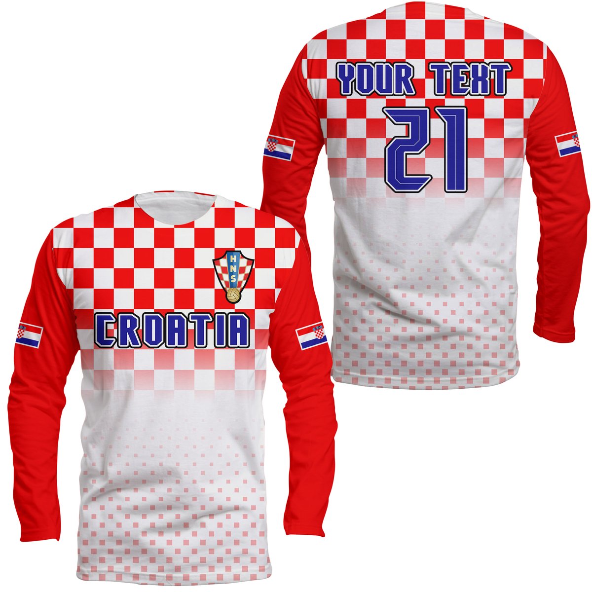 Red long-sleeve football shirt with checkered crest, 'Croatia', and 'Your Text' print
