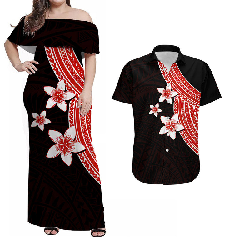 Polynesian Combo Dress And Shirt With Plumeria Flower Red LT6 - Wonder Print Shop