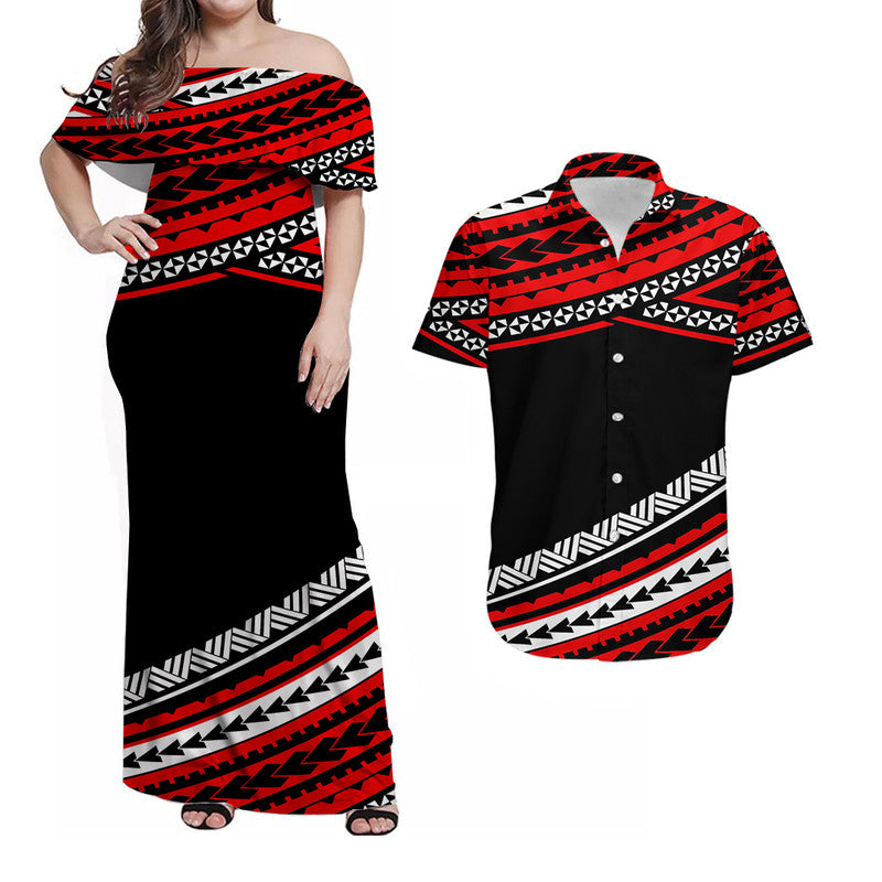 Polynesian Matching Outfits For Couples Combo Dress And Shirt Simple Red LT6 - Wonder Print Shop