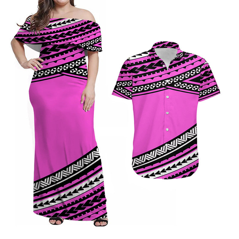 Polynesian Matching Outfits For Couples Combo Dress And Shirt Simple Pink LT6 - Wonder Print Shop