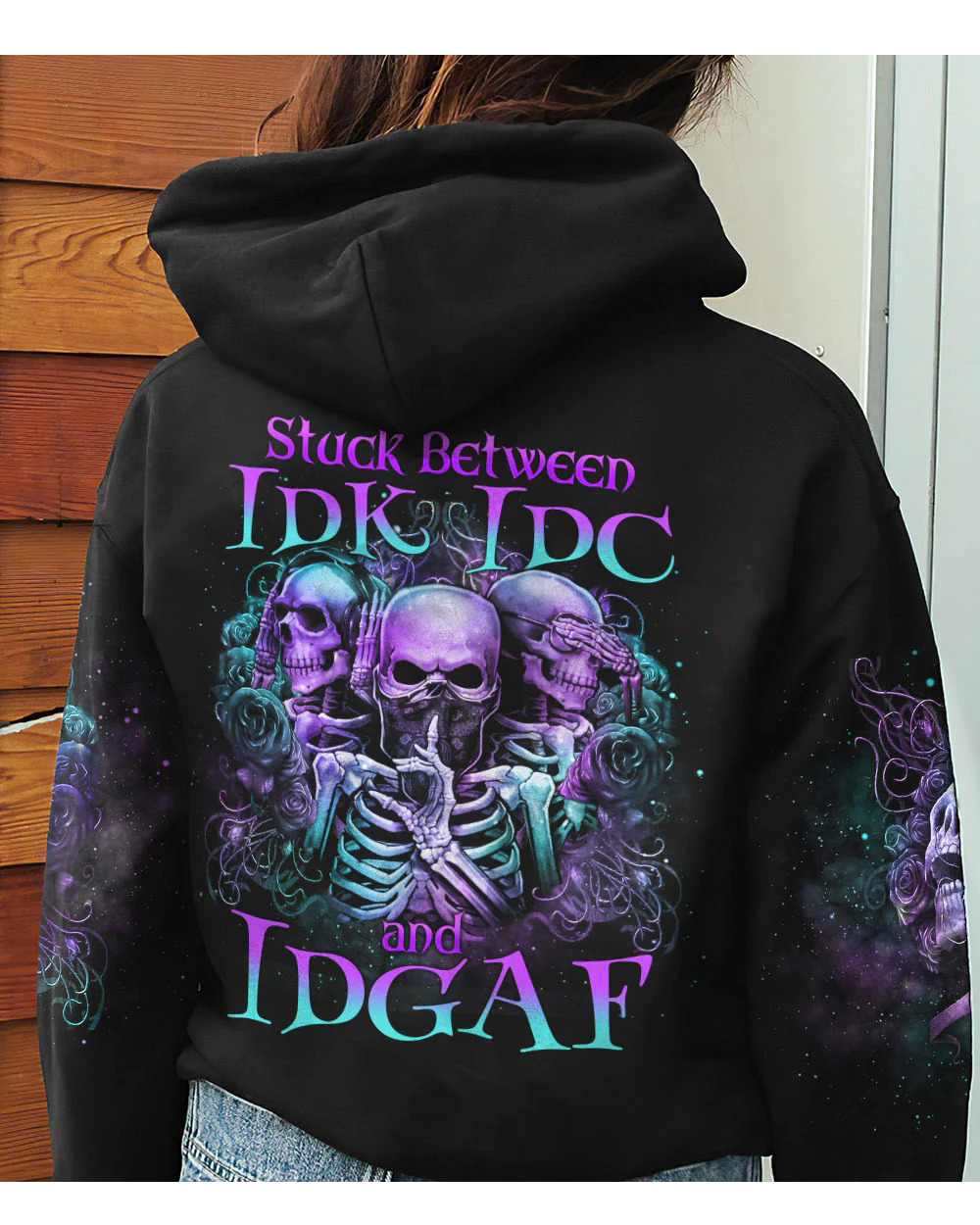 Stuck Between IDK IDC IDGAF Black Skull Hoodie - Wonder Print Shop