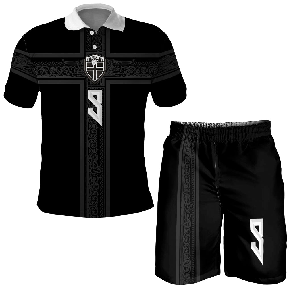 Custom Norway Football 2026 Combo Polo Shirt and Men's Shorts Nordic Knot Pattern Black Color LT03