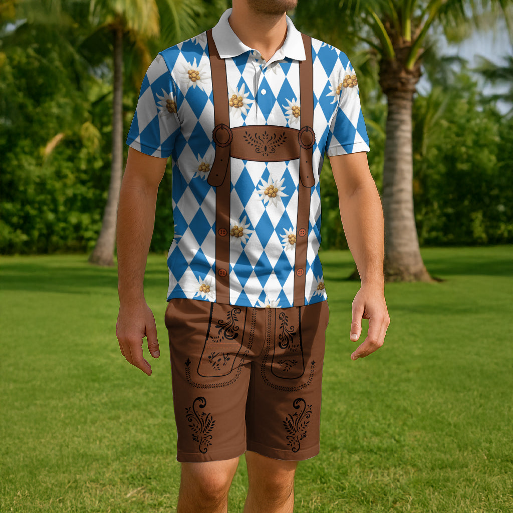 Lederhosen Costume Combo Polo Shirt and Men's Shorts Edelweiss-Bavarian Pattern LT03