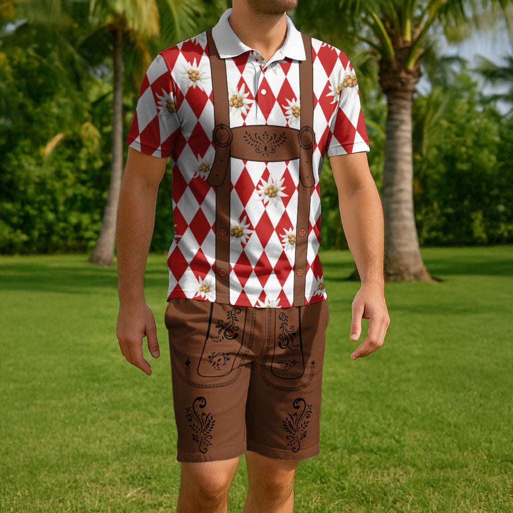 Lederhosen Costume Combo Polo Shirt and Men's Shorts Edelweiss-Bavarian Pattern LT03