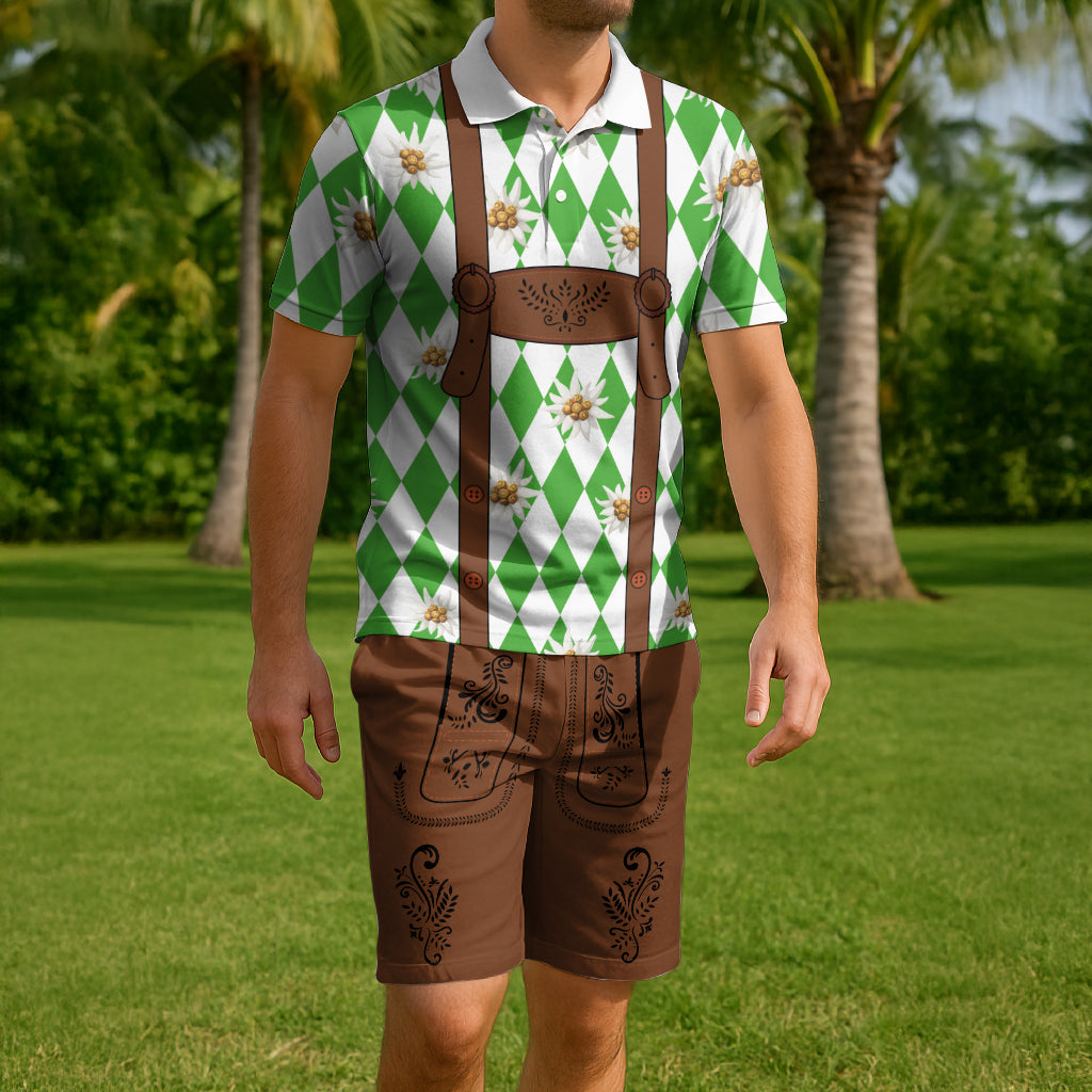 Lederhosen Costume Combo Polo Shirt and Men's Shorts Edelweiss-Bavarian Pattern LT03