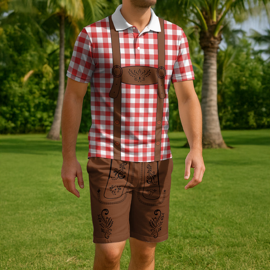 Lederhosen Costume Combo Polo Shirt and Men's Shorts Caro Pattern LT03