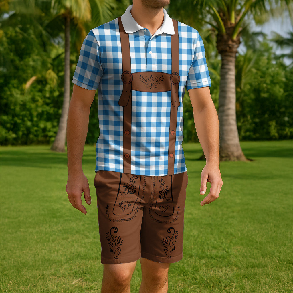 Lederhosen Costume Combo Polo Shirt and Men's Shorts Caro Pattern LT03