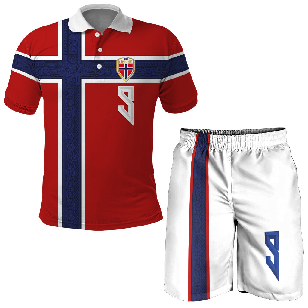 Custom Norway Football 2026 Combo Polo Shirt and Men's Shorts Nordic Knot Pattern Red Color LT03