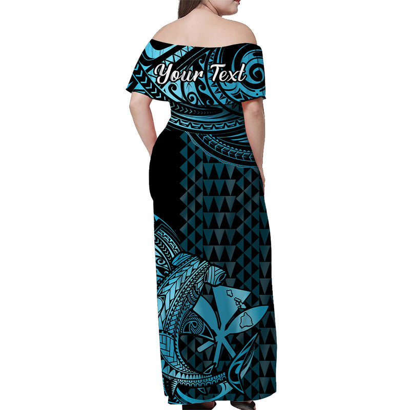 Matching Outfits For Couples Hawaii Hammerhead Shark Combo Dress And Hawaiian Shirt Polynesian Kakau With Kanaka Turquoise - Wonder Print Shop