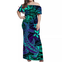 Purple Polynesian Family Matching Outfits Off Shoulder Maxi Dress And Hawaiian Shirt Tribal Hammerhead Shark - Wonder Print Shop