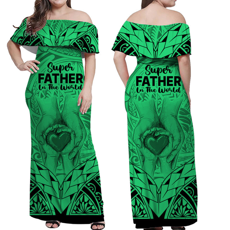 Matching Couple Outfit Polynesian Father's Day Gift For Dad Combo Off Long Dress and Hawaiian Shirt Super Father In The World - Green Polynesian Pattern LT9 - Wonder Print Shop