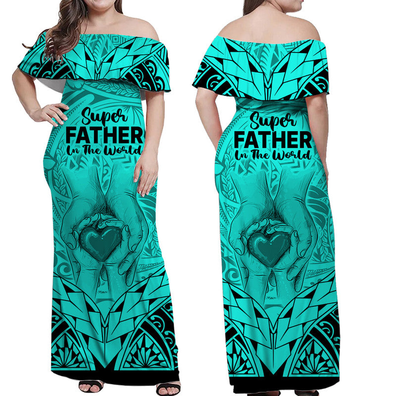 Matching Couple Outfit Polynesian Father's Day Gift For Dad Combo Off Long Dress and Hawaiian Shirt Super Father In The World - Turquoise Polynesian Pattern LT9 - Wonder Print Shop