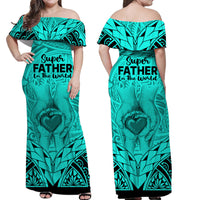Matching Couple Outfit Polynesian Father's Day Gift For Dad Combo Off Long Dress and Hawaiian Shirt Super Father In The World - Turquoise Polynesian Pattern LT9 - Wonder Print Shop